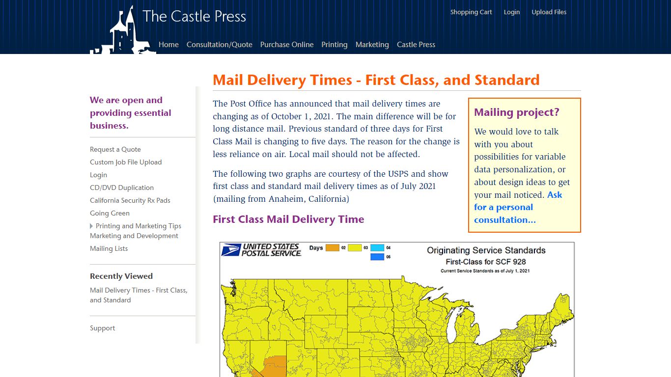 USPS Delivery Times - First Class, and Standard Mail - Castle Press