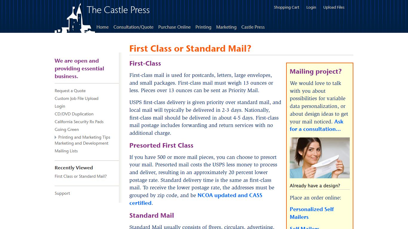 USPS - First Class Mail vs Standard Mail - Castle Press